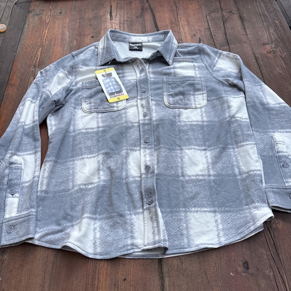 32 Degrees Heat Flannel Button Up Long Sleeve Shirt w/ Pockets, Size S NWT Gray
